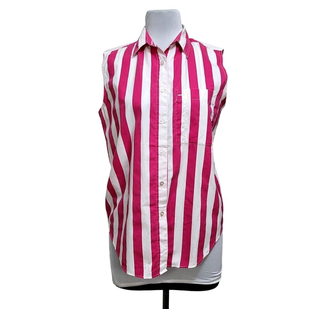 Simply Basic Womens L 90s Pink White Striped Sleeveless Button Down Shirt